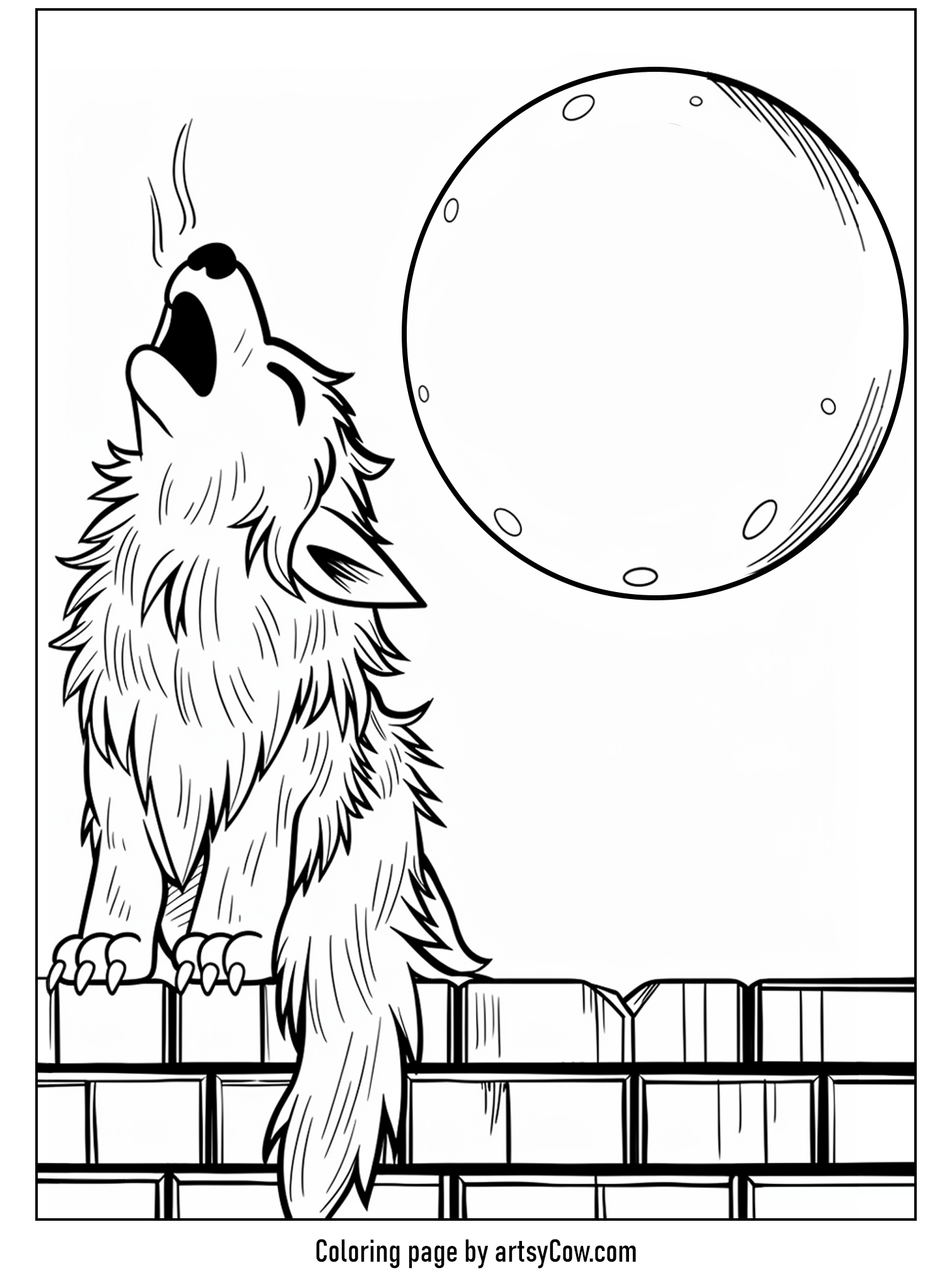 a werewolf howling at a full moon over a brick wall